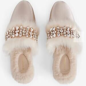 EXPRESS Satin Faux Fur Lined Embellished Rhinestone Sparkling Slippers - MEDIUM